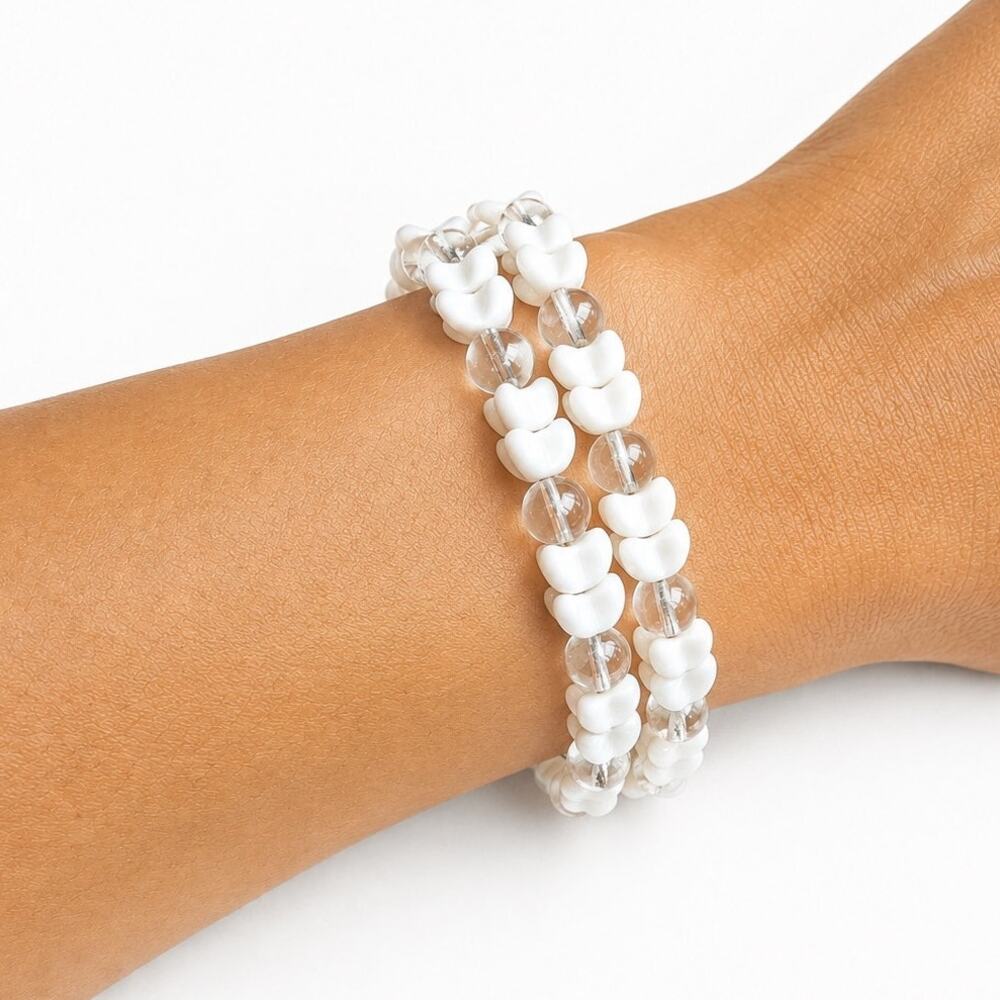 Vintage White Clear Acrylic Beaded Double Strand Bracelet 7”